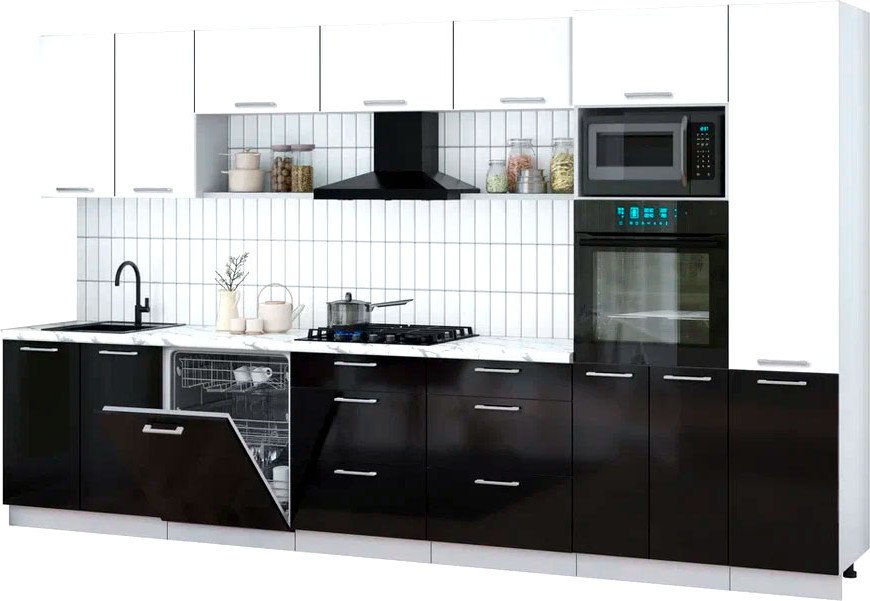 

Готовая кухня Интерлиния Мила Gloss 3.6-ПМ1 (черный глянец/белый/белый гранит)