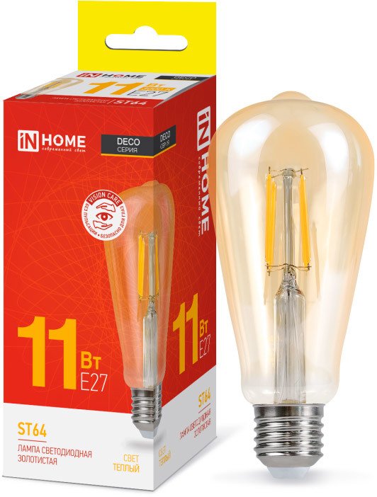 

Светодиодная лампочка In Home LED-ST64-deco gold 11Вт 230В Е27 3000К 1160Лм золотистая 4690612035673