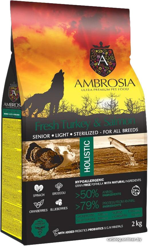 Сухой корм для собак Ambrosia Senior & Sterilized Fresh Turkey & Salmon (для всех пожилых пород, стерилизованных с индейкой и лососем) 2 кг
