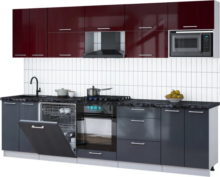 

Готовая кухня Интерлиния Мила Gloss 3.0-ПМ2 (асфальт глянец/бордовый глянец/кастилло темный)