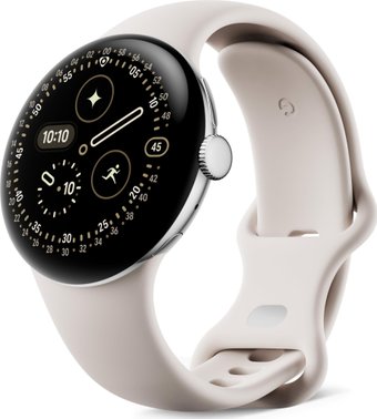 Google Pixel Watch 4 45 мм (глянцевый серебристый/фарфор, спортивный силиконовый ремешок)