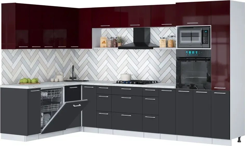 

Готовая кухня Интерлиния Мила Gloss 1.896х3.28 (пепел/бордовый глянец/серый каспий)