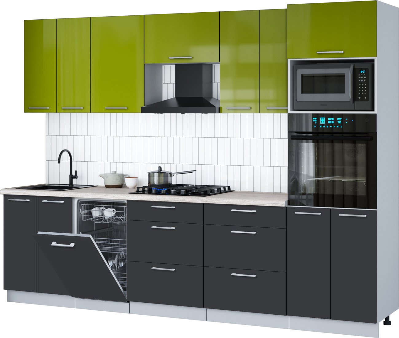 

Готовая кухня Интерлиния Мила Gloss 2.85-ПМ3 (пепел/яблоко глянец/травертин серый)