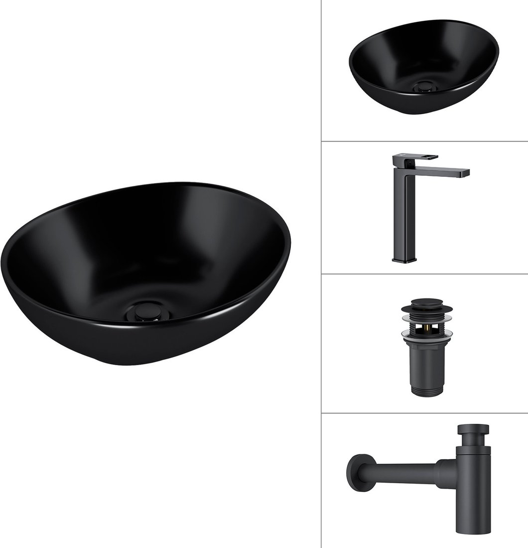 Умывальник Lauter 21652-A + Cascade 21СК0655BS + сифон 21635B + дон.клапан 21190B (черный матовый)