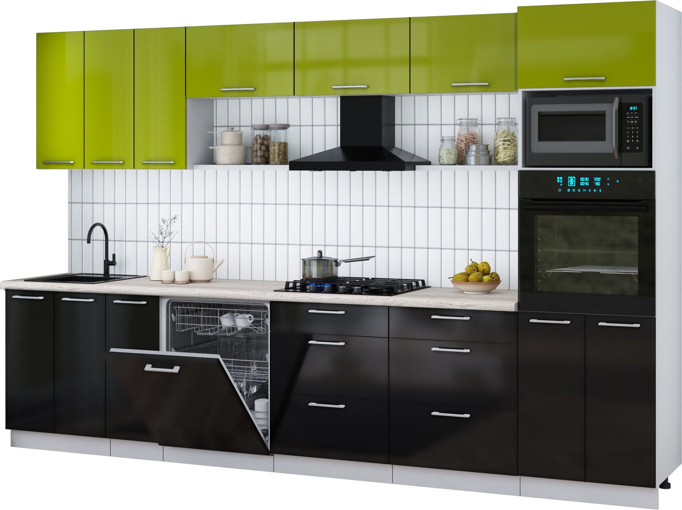 

Готовая кухня Интерлиния Мила Gloss 3.3-ПМ1-2 (черный глянец/яблоко глянец/травертин серый)