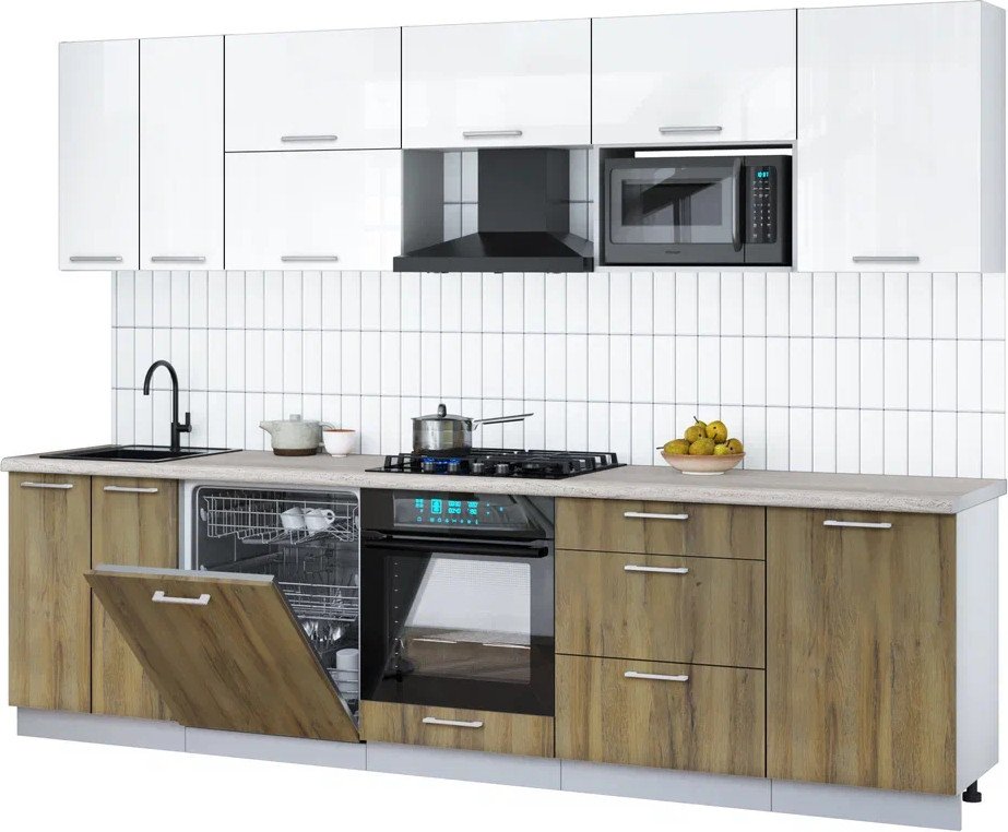 

Готовая кухня Интерлиния Мила Gloss 2.9-ПМ2 (дуб вотан/белый глянец/травертин серый)