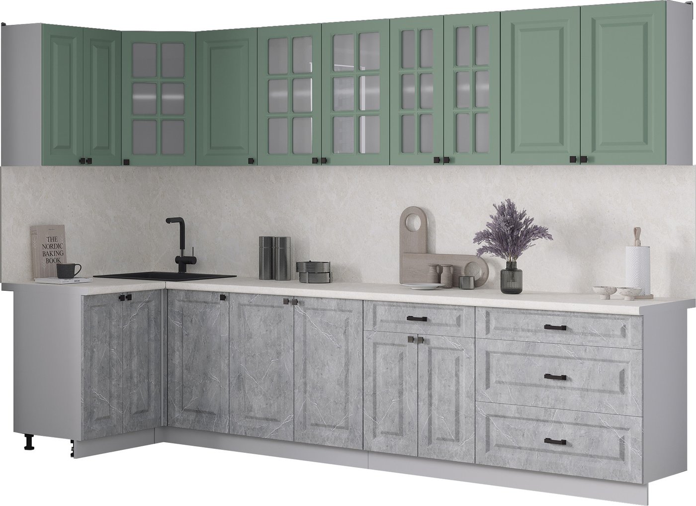 

Готовая кухня Интерлиния Мила Деко 1.2x3.2 (керамика/мята/опал светлый)