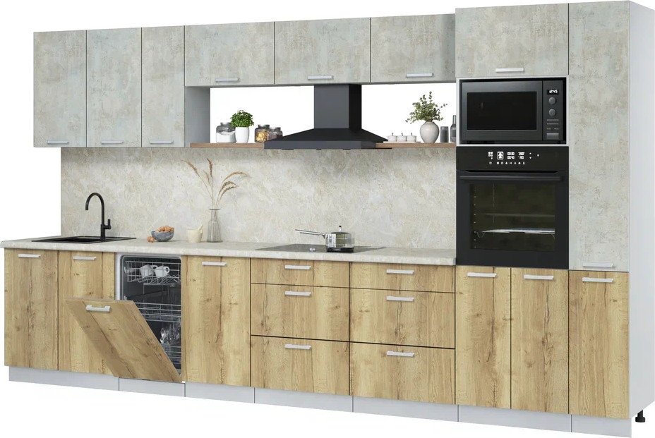 

Готовая кухня Интерлиния Мила Лайт 3.8-ПМ3 (бетон лайт/дуб золотой/опал светлый)