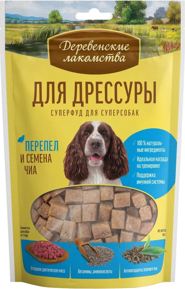 

Лакомство для собак Деревенские лакомства Суперфуд для дрессуры с перепелом и семенами чиа 90 г