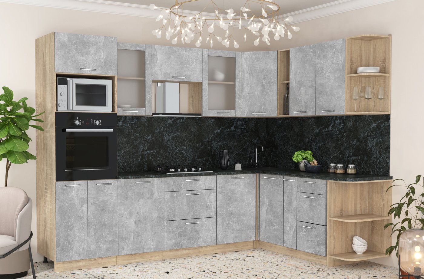

Готовая кухня Интерлиния Мила 1.88x2.8 правая (ваниль/бетон/травертин)