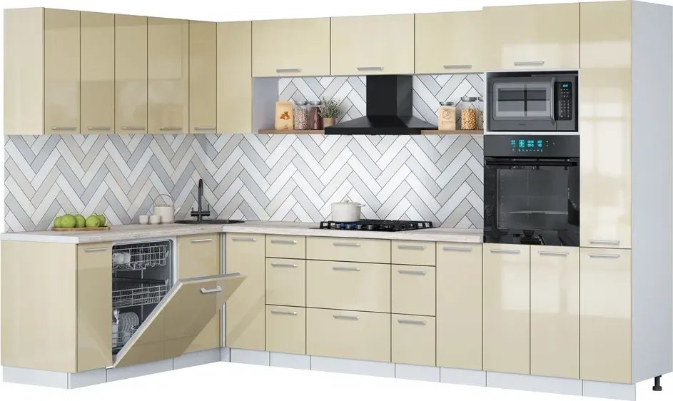 

Готовая кухня Интерлиния Мила Gloss 1.896х3.28 (ваниль глянец/ваниль глянец/травертин серый)