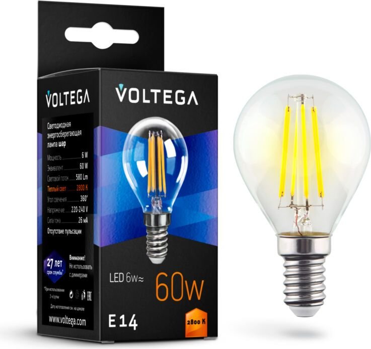 

Светодиодная лампочка Voltega Crystal Globe 6W 2800K E14 7021