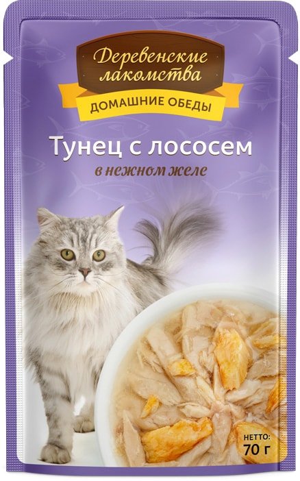 

Консервированный корм для кошек Деревенские лакомства Тунец с лососем в желе 70 г
