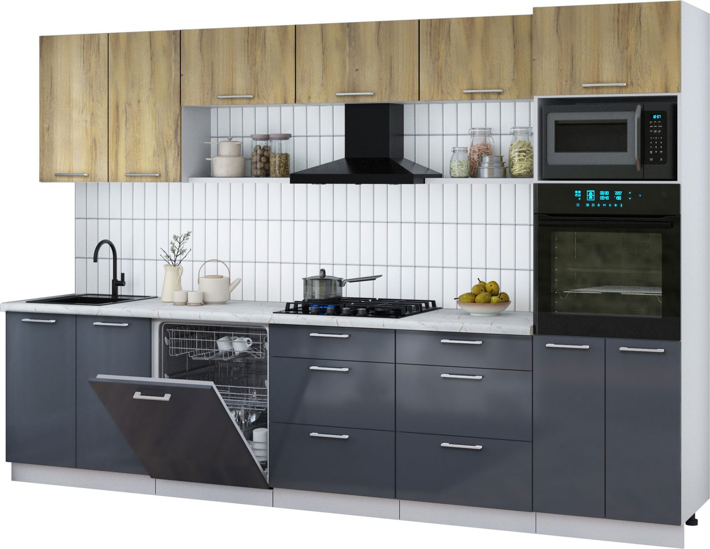 

Готовая кухня Интерлиния Мила Gloss 3.2-ПМ1 (асфальт глянец/дуб вотан/серый каспий)