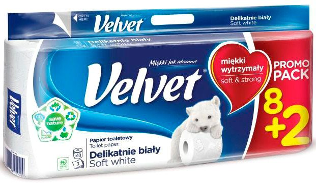 

Туалетная бумага Velvet Soft White (3 слоя, 8+2 рулонов)