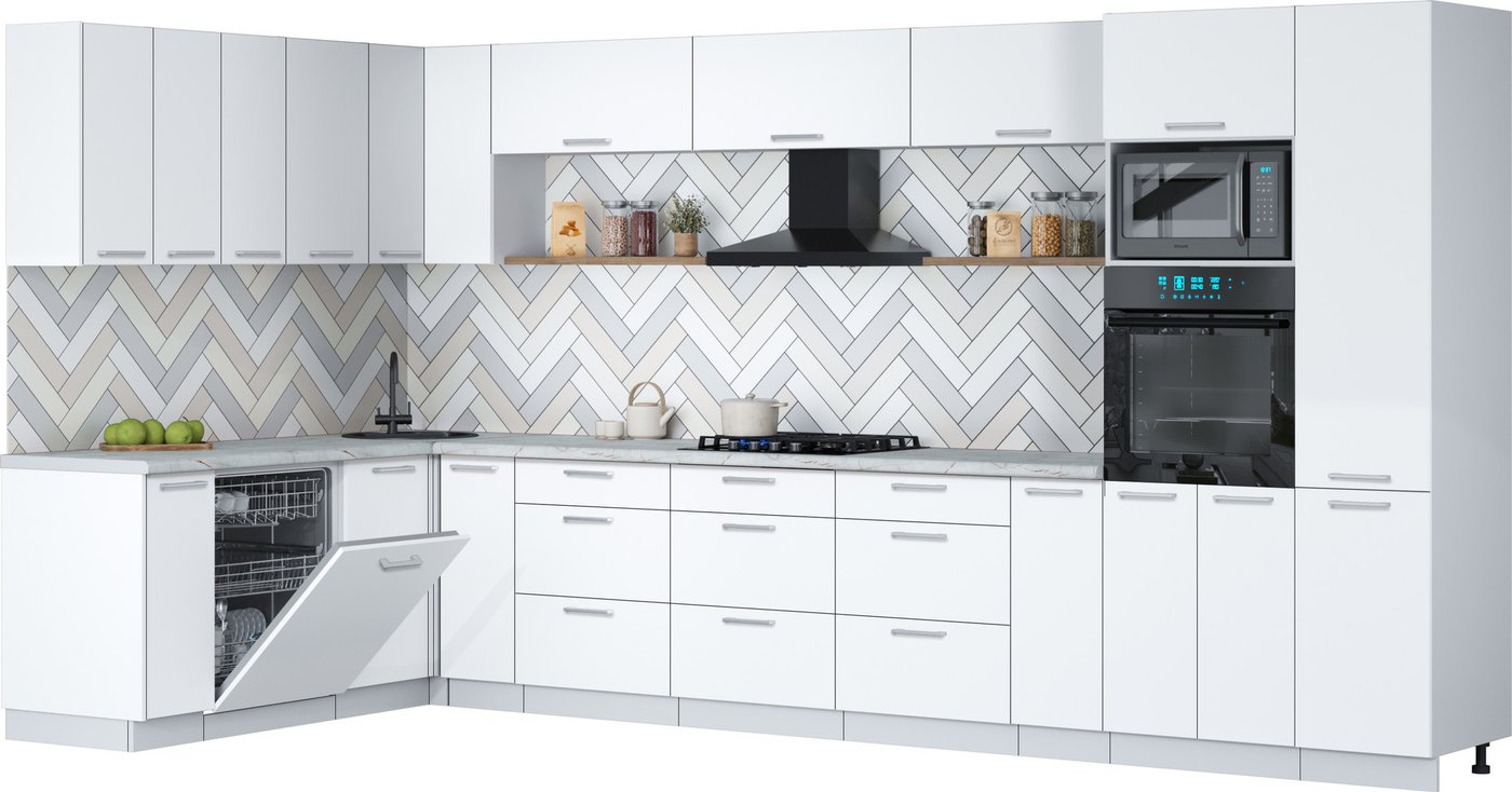 

Готовая кухня Интерлиния Мила Gloss 1.896х3.98 (белый/белый/серый каспий)