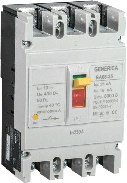 

Выключатель автоматический Generica ВА 66-35 3Р 250А 25кА SAV30-3-0250-G