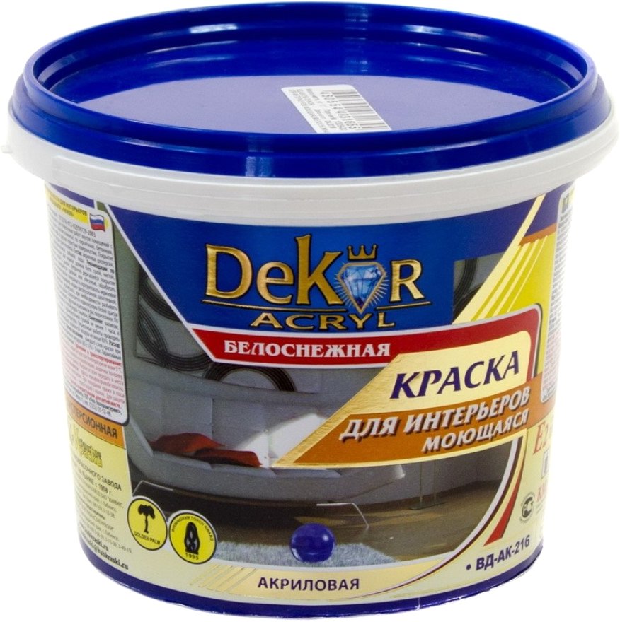 

Краска Dekor ВД-АК-216 для интерьеров моющаяся (белоснежный, 1.1 кг)
