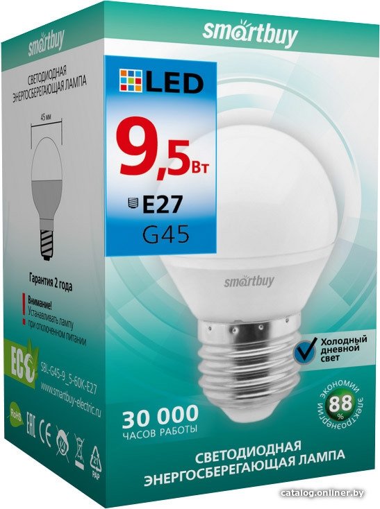 Светодиодная лампочка SmartBuy G45 E27 9.5 Вт 6000 К [SBL-G45-9_5-60K-E27]