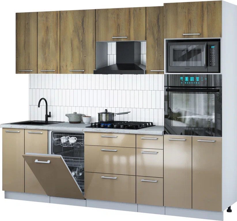 

Готовая кухня Интерлиния Мила Gloss 2.55-ПМ3 (капучино глянец/дуб вотан/серый каспий)