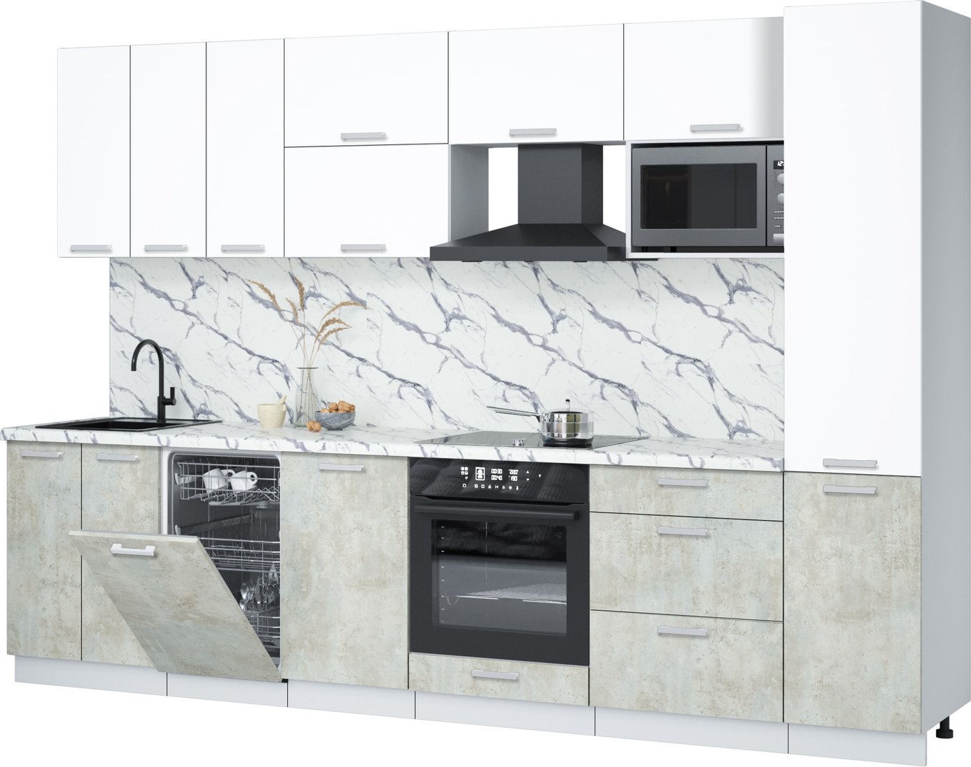 

Готовая кухня Интерлиния Мила Лайт 3.1-ПМ4 (белый платинум/бетон лайт/белый гранит)