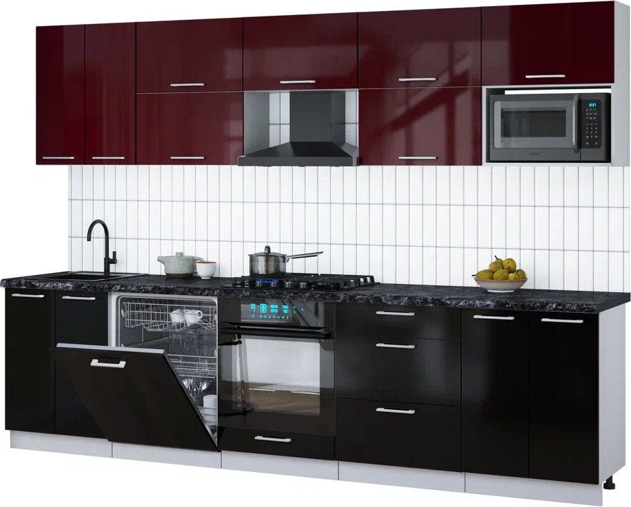 

Готовая кухня Интерлиния Мила Gloss 3.0-ПМ2 (черный глянец/бордовый глянец/кастилло темный)