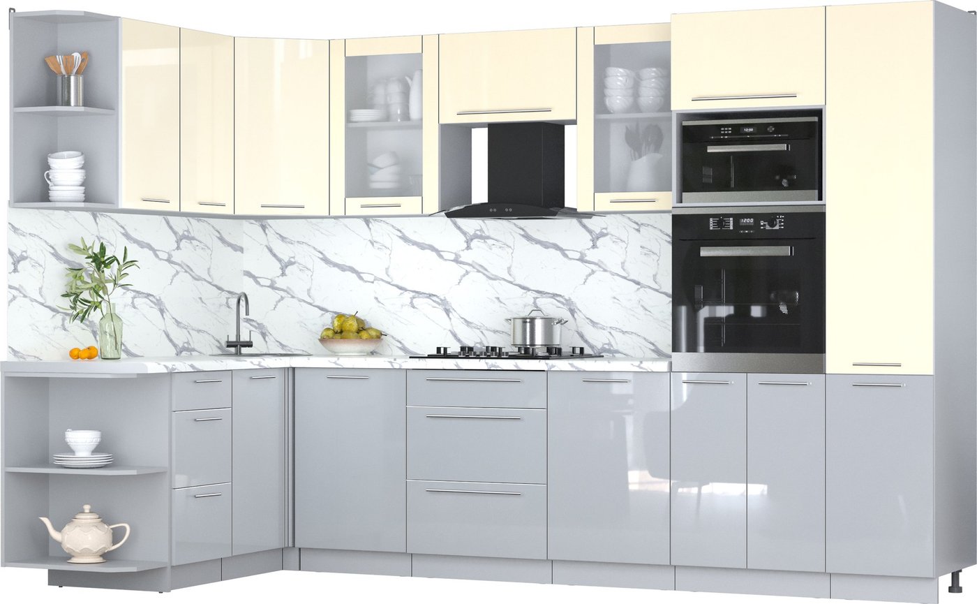 

Готовая кухня Интерлиния Мила Пластик 1.68x3.2 LV (ваниль/туманный глянец/белый гранит)