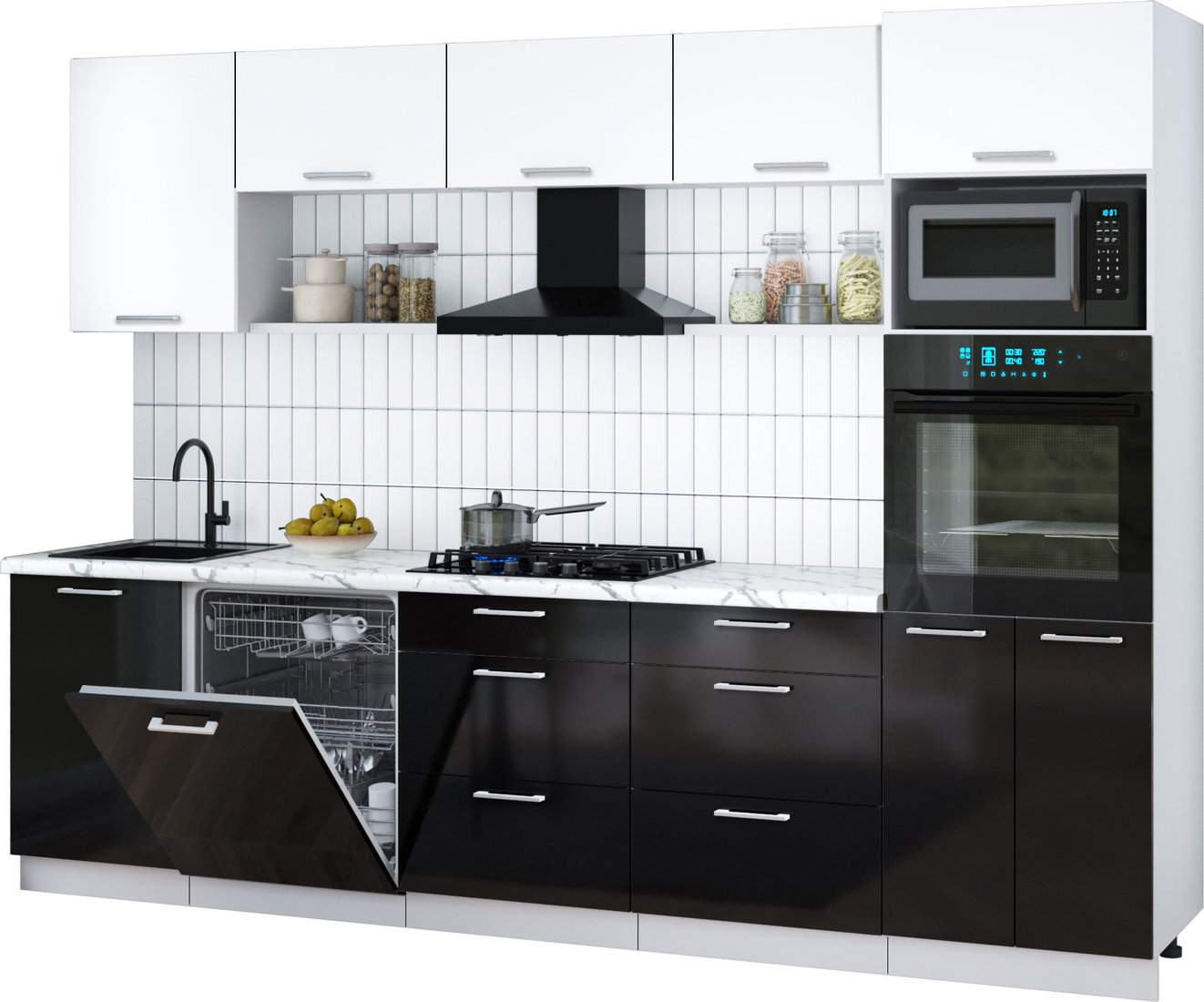 

Готовая кухня Интерлиния Мила Gloss 2.9-ПМ1 (черный глянец/белый/белый гранит)