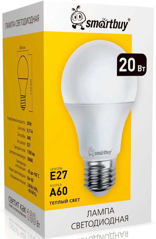 

Светодиодная лампочка SmartBuy A60 E27 20Вт 3000К SBL-A60-20-30K-E27