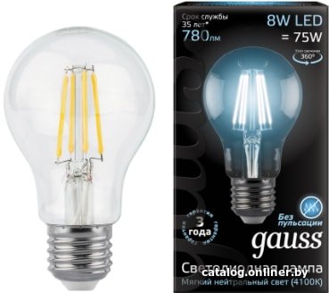 Светодиодная лампочка Gauss Filament A60 E27 8 Вт 4100 К 102802208