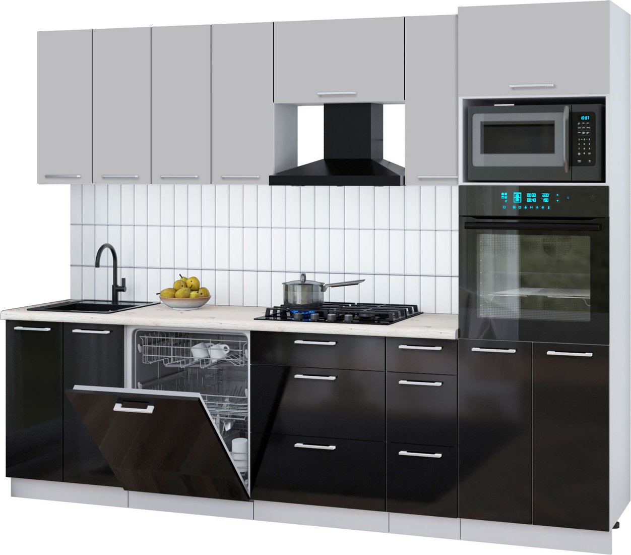 

Готовая кухня Интерлиния Мила Gloss 2.7-ПМ1 (черный глянец/грей/бискайская сосна)