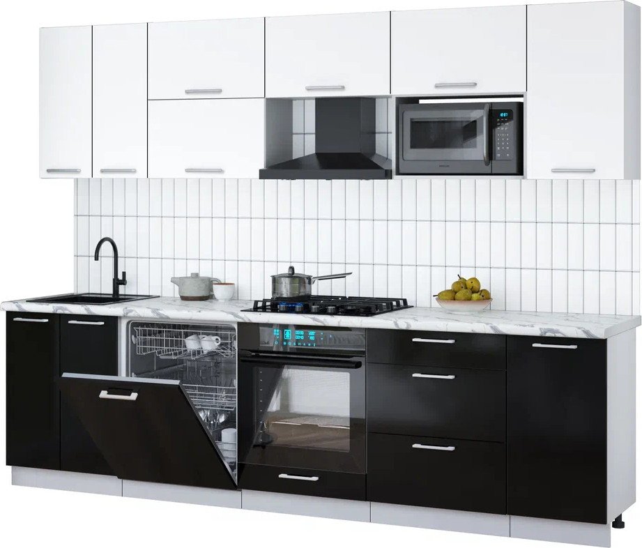 

Готовая кухня Интерлиния Мила Gloss 2.8-ПМ2 (черный глянец/белый/белый гранит)