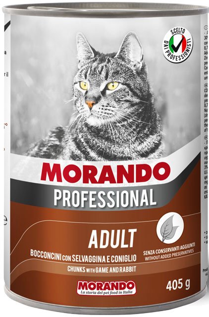 

Консервированный корм для кошек Morando Professional кусочки с дичью и кроликом 405 г