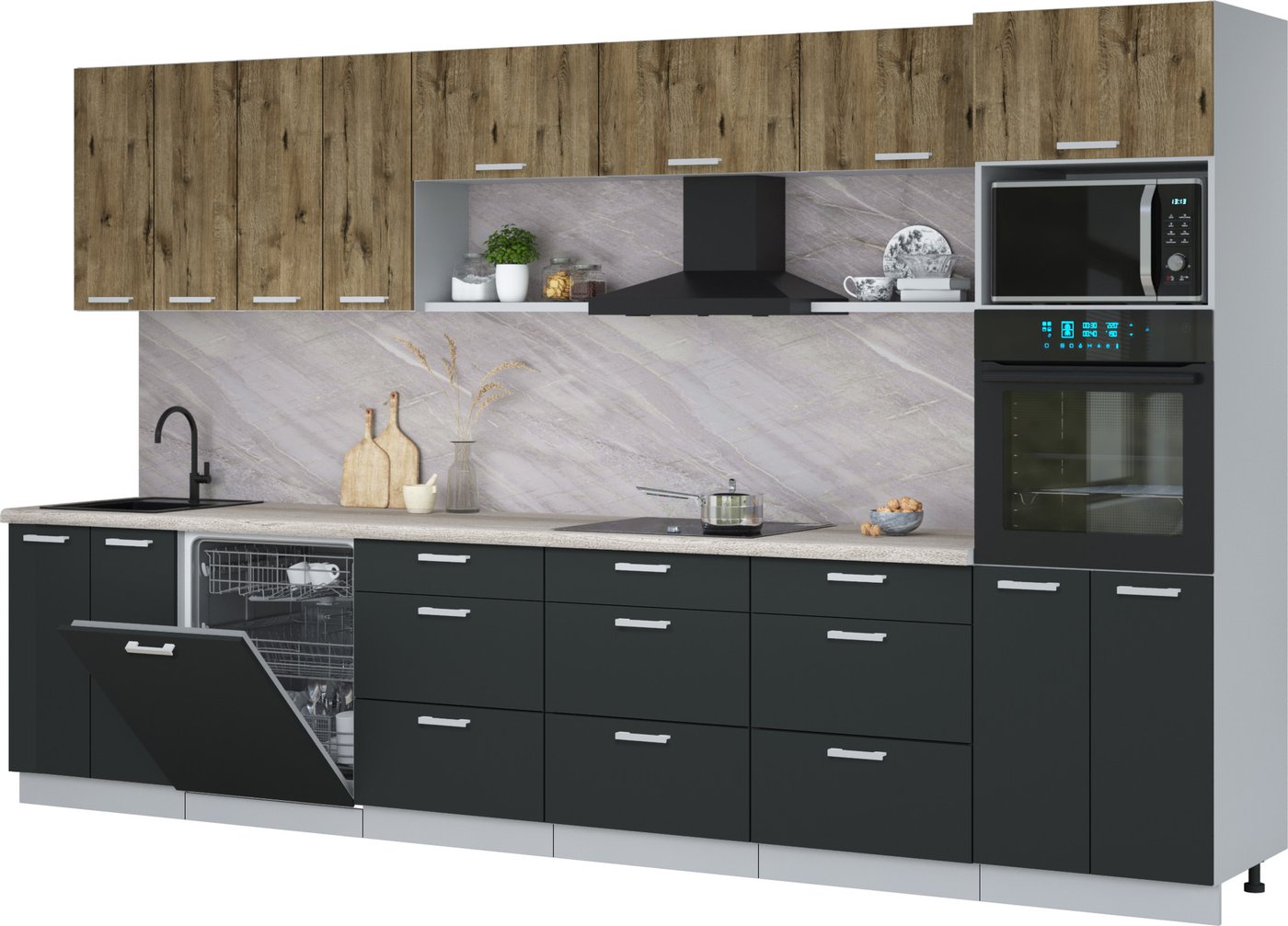 

Готовая кухня Интерлиния Мила Лайт 3.6-ПМ1-2 (дуб веллингтон/антрацит/травертин серый)