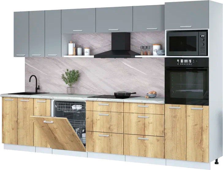 

Готовая кухня Интерлиния Мила Лайт 3.3-ПМ1-2 (серебро/дуб золотой/серый каспий)