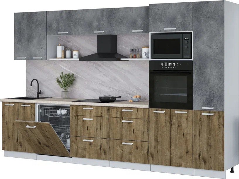 

Готовая кухня Интерлиния Мила Лайт 3.4-ПМ1 (бетон портленд/дуб веллингтон/травертин серый)