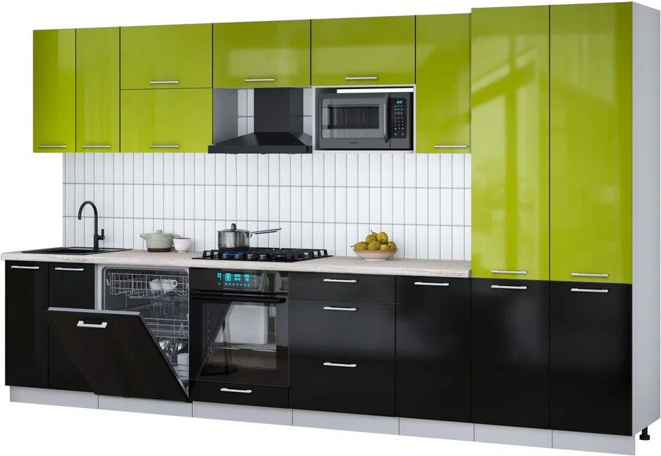 

Готовая кухня Интерлиния Мила Gloss 3.6-ПМ2 (черный глянец/яблоко глянец/травертин серый)