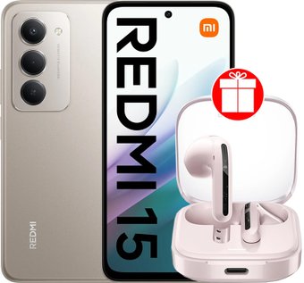 Телефон Xiaomi Redmi 15 4G 8GB/256GB международная версия (титановый) + наушники Xiaomi Redmi Buds 6 Active M2344E1 (розовый) по акции