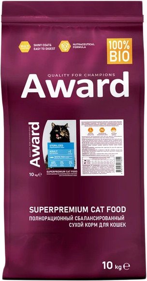 

Сухой корм для кошек Award Adult Sterilized (для стерилизованных с белой рыбой с добавлением семян льна, клюквы и цикория) 10 кг