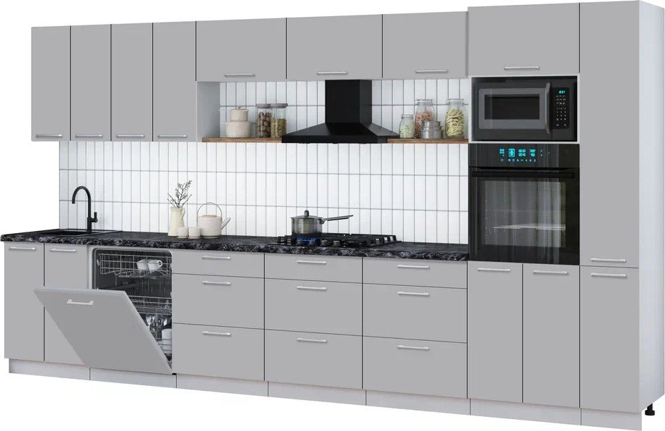 

Готовая кухня Интерлиния Мила Gloss 3.9-ПМ1 (грей/грей/кастилло темный)