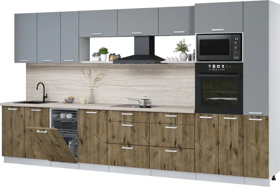 

Готовая кухня Интерлиния Мила Лайт 3.8-ПМ3 (серебро/дуб веллингтон/травертин серый)