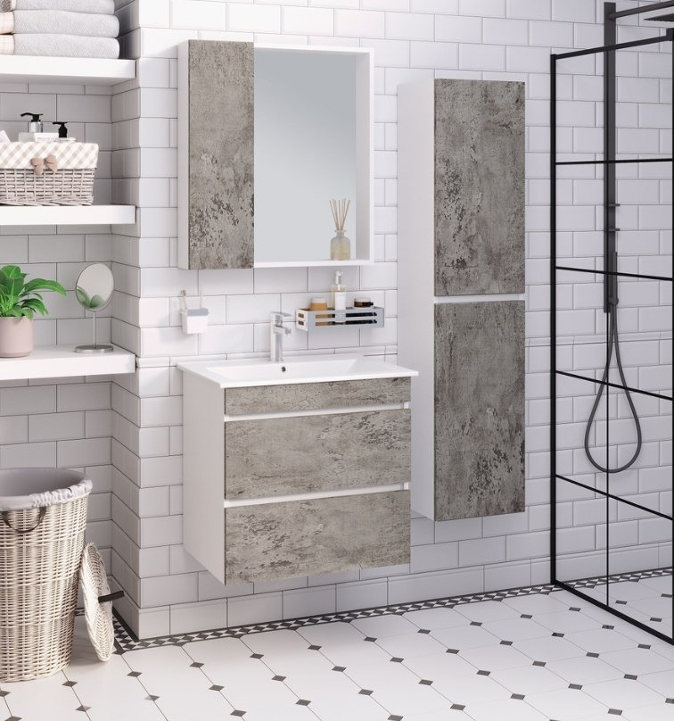 

Runo Тумба с умывальником Runo Манхэттен 65 + Оскар 65 (подвесная, серый бетон)