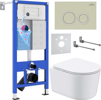 Унитаз подвесной Roxen Simple Compact в комплекте с инсталляцией StounFix Dual Fresh 6 в 1 966278 (кнопка: бежевый)