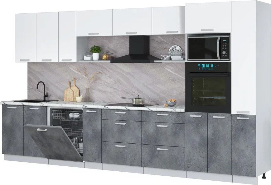 

Готовая кухня Интерлиния Мила Лайт 3.8-ПМ1 (белый платинум/бетон портленд/белый гранит)