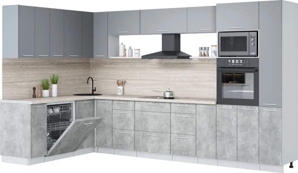 

Готовая кухня Интерлиния Мила Лайт 1.896х3.48 (серебро/бетон/травертин серый)