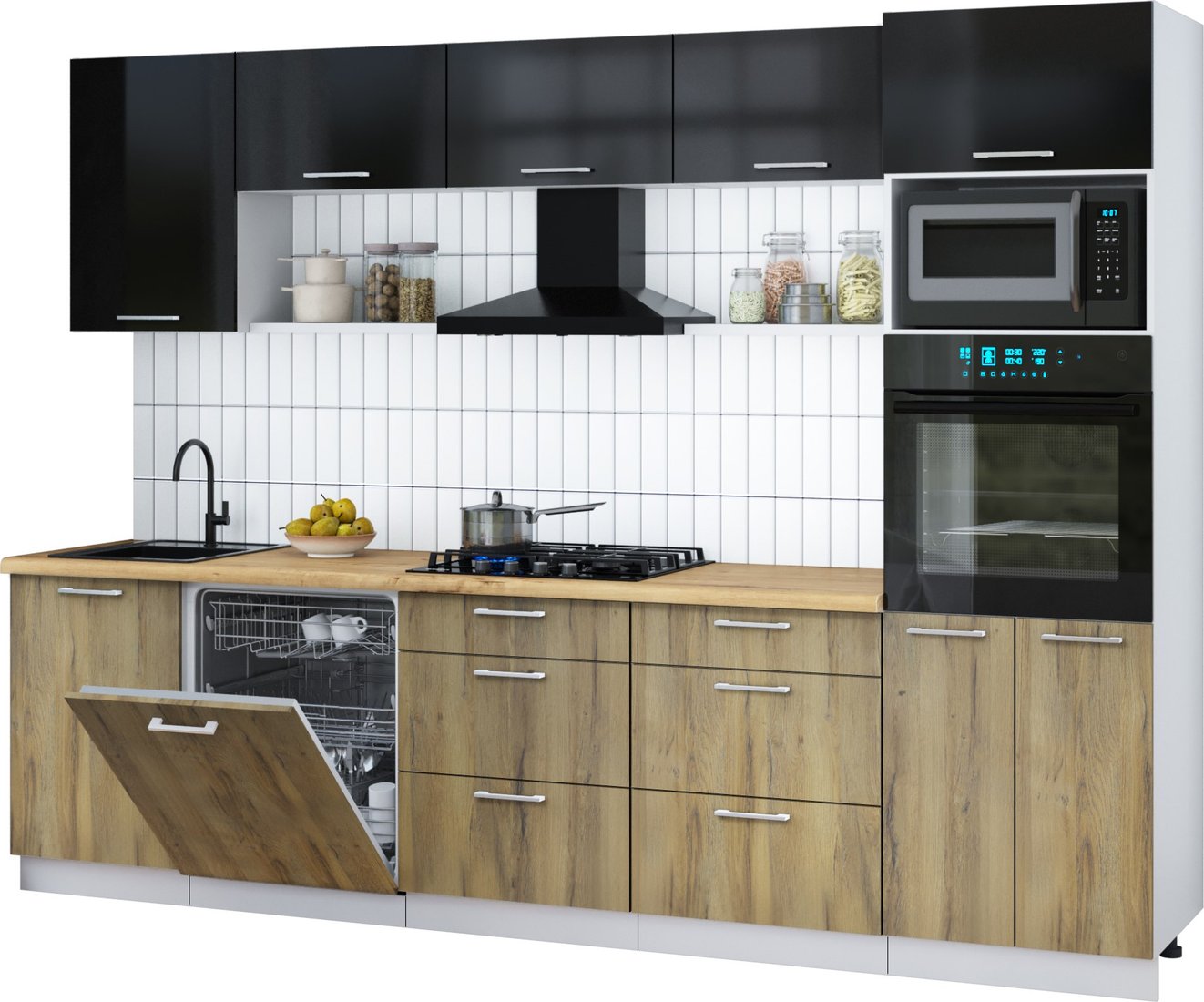 

Готовая кухня Интерлиния Мила Gloss 2.9-ПМ1 (дуб вотан/черный глянец/дуб бунратти)