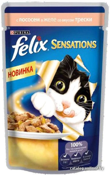 Консервированный корм для кошек Felix Sensations с лососем в желе со вкусом трески 0.085 кг