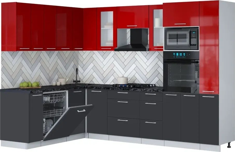 

Готовая кухня Интерлиния Мила Gloss 1.896х2.88 (пепел/красный глянец/кастилло темный)