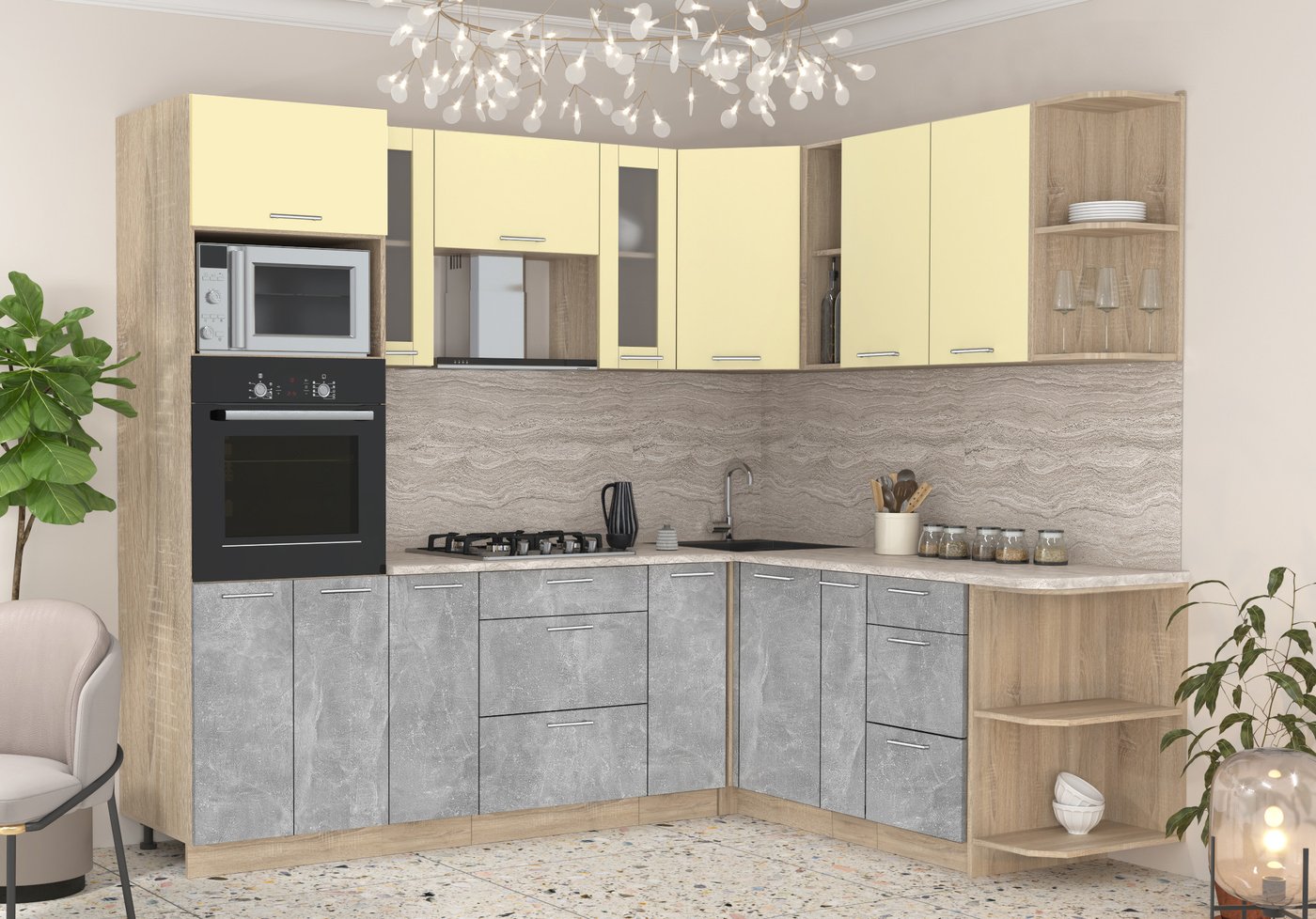 

Готовая кухня Интерлиния Мила 1.88x2.4 правая (ваниль/бетон/травертин)