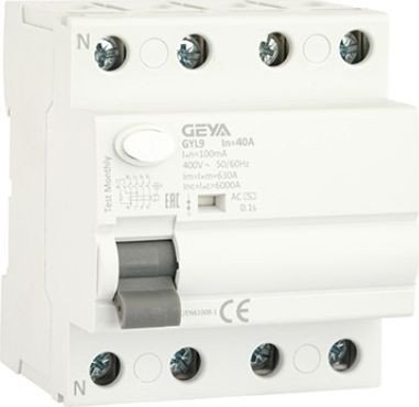 

Устройство защитного отключения GEYA GYL9-4P-40A-100mA 4P 40A 6 kA 100mA AC 4M GYL94P40AC100